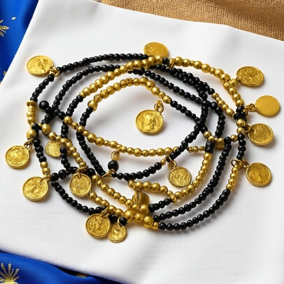 ๐ Handmade Indian Artisan Gold & Black Coin Charm 8-Piece Beaded Bracelet Set - Picture 6 of 8